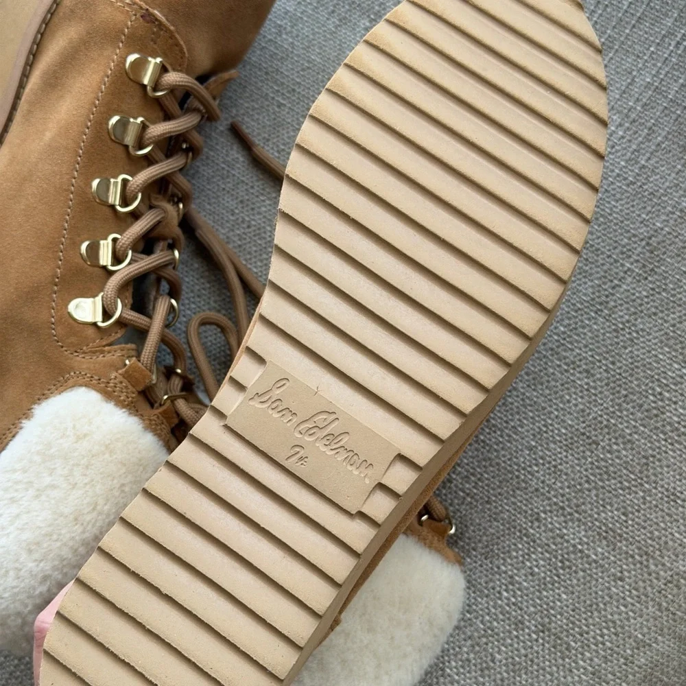 Sam Edelman Franc lace-up boots in camel suede with faux fur trim 7.5